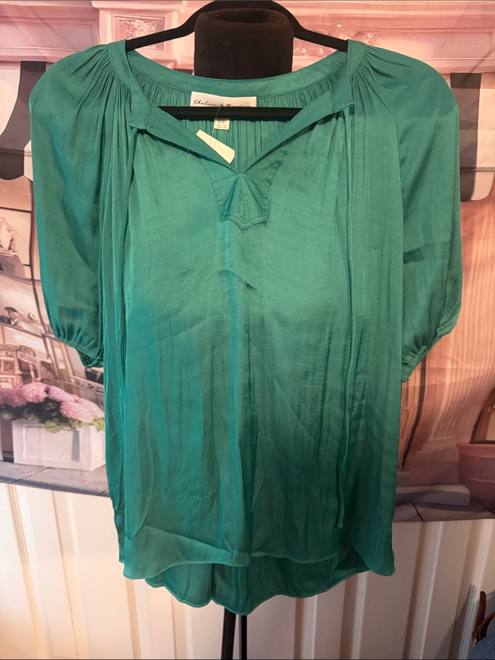 Chelsea & Theodore Teal Pleated V-Neck Blouse